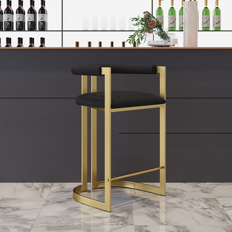 Bar Stool Brushed Gold Geometric Frame Tufted Black Seat Contemporary