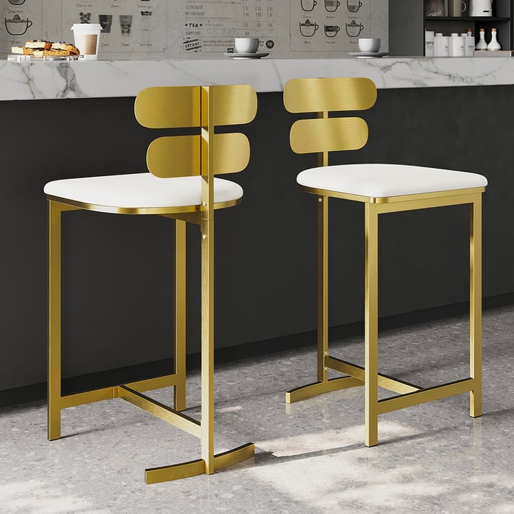 Bar Stool Brushed Gold Metal Frame White Leather-Like Split Back