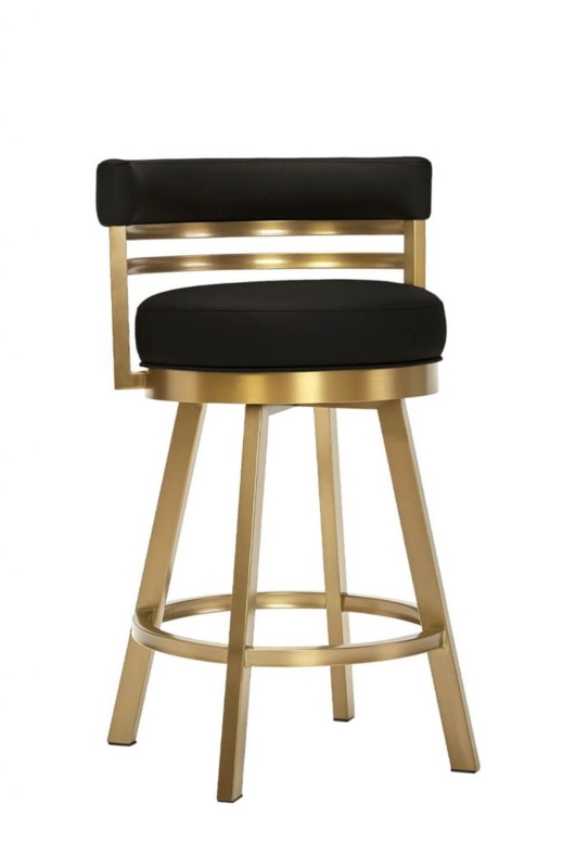 Bar Stool Brushed Gold Swivel Base Black Leather-Like Slat Back