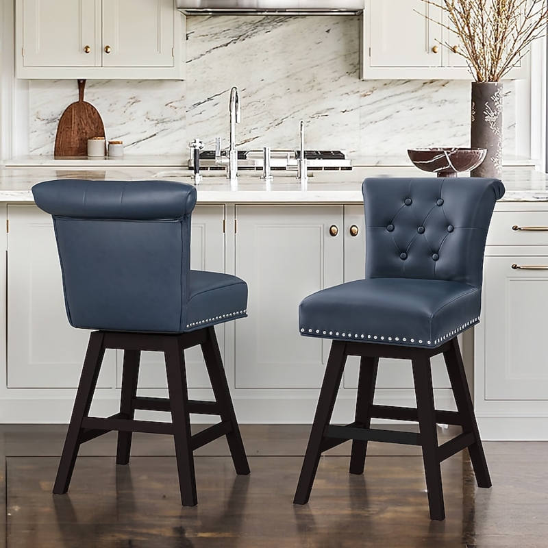 Bar Stool Button Tufted Roll Back Swivel Nailhead Trim Faux Leather