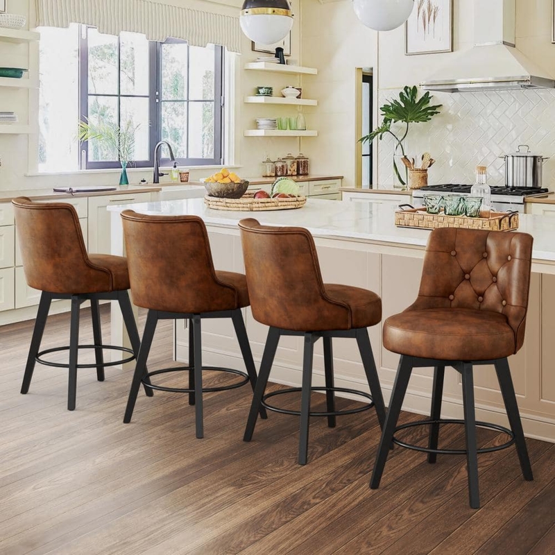 Bar Stool Button Tufting Brown Swivel Seat Wood Legs Transitional Style