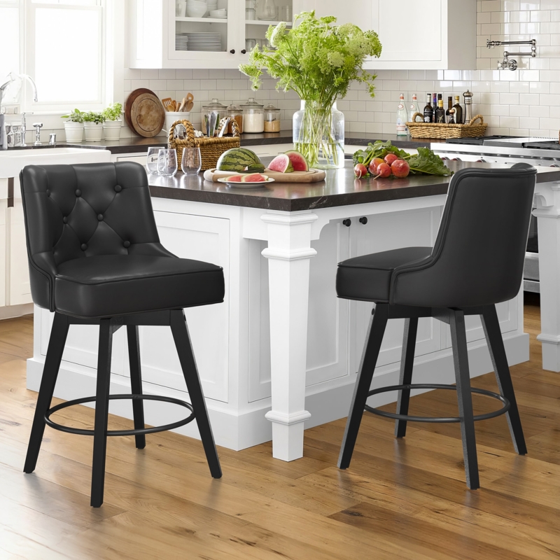Bar Stool Button Tufting Swivel Base Circular Footrest Transitional Style