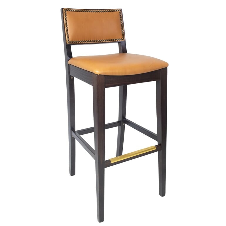 Bar Stool Camel Leather-Like Dark Wood Nailhead Brass Kick Plate
