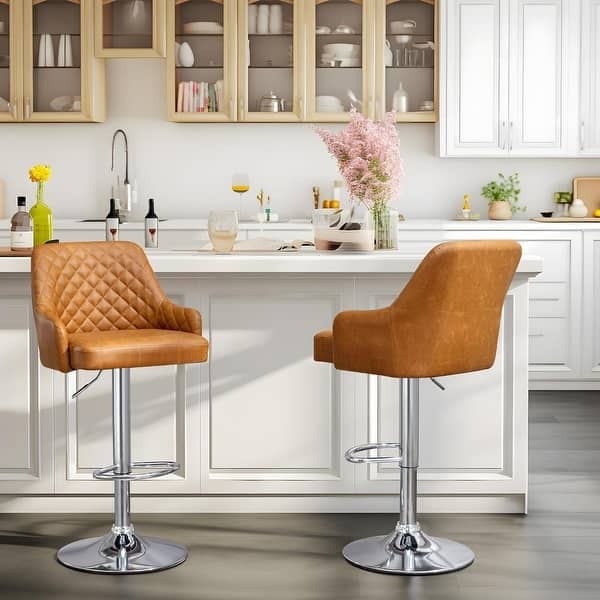 Bar Stool Camel Leather Like Diamond Quilted Chrome Pedestal Base
