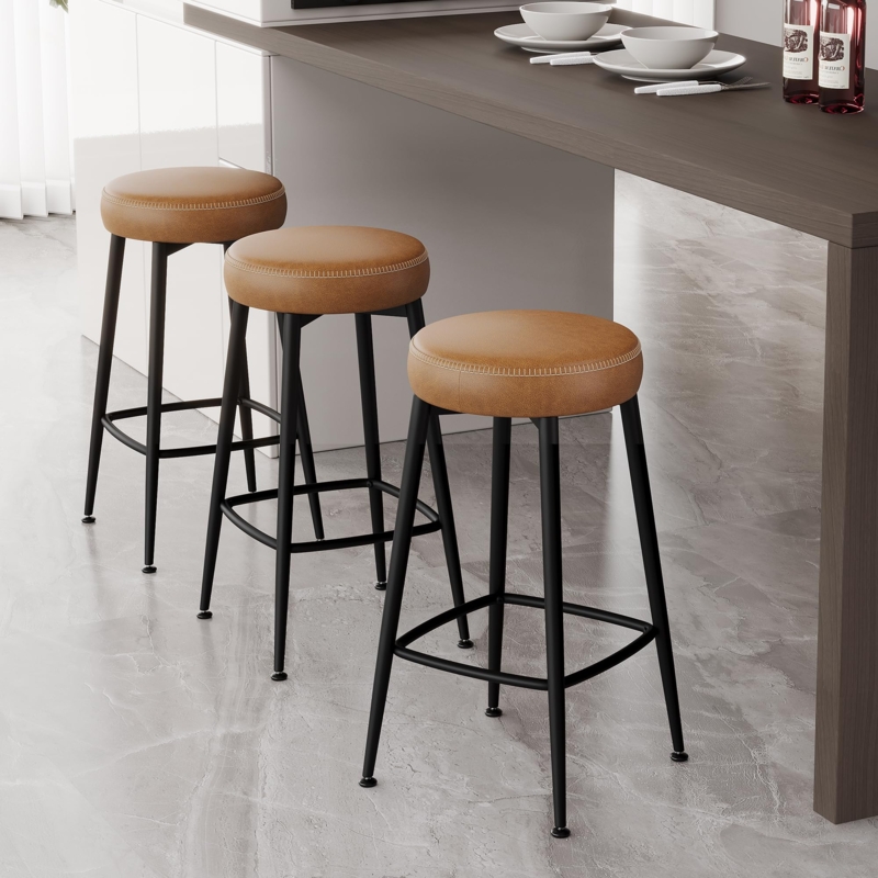 Bar Stool Camel Seat Contrast Stitching Black Metal