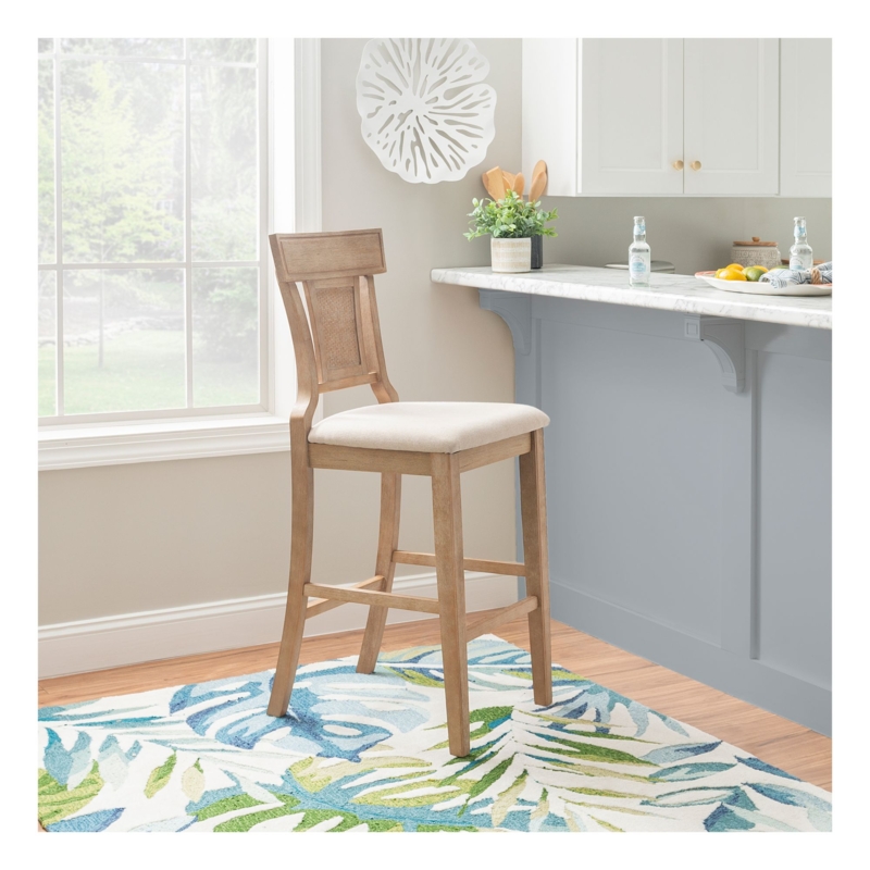 Bar Stool Cane Back Inlay Cream Upholstered Seat Natural Wood Coastal
