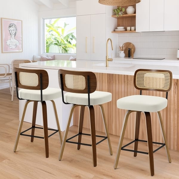 Bar Stool Cane Back Swivel Bentwood Frame Cream Upholstery