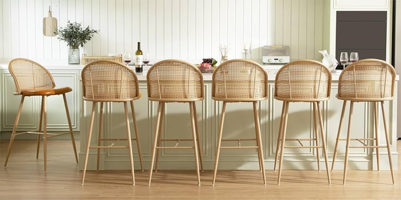 Bar Stool Cane Webbing Back Leather Like Seat Wood Finish