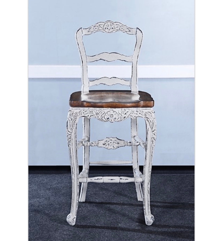 Bar Stool Carved Floral Apron Cabriole Legs Distressed White Wood Seat