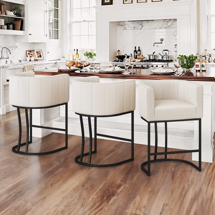 Bar Stool Channel Tufting Barrel Back Cream Black Metal