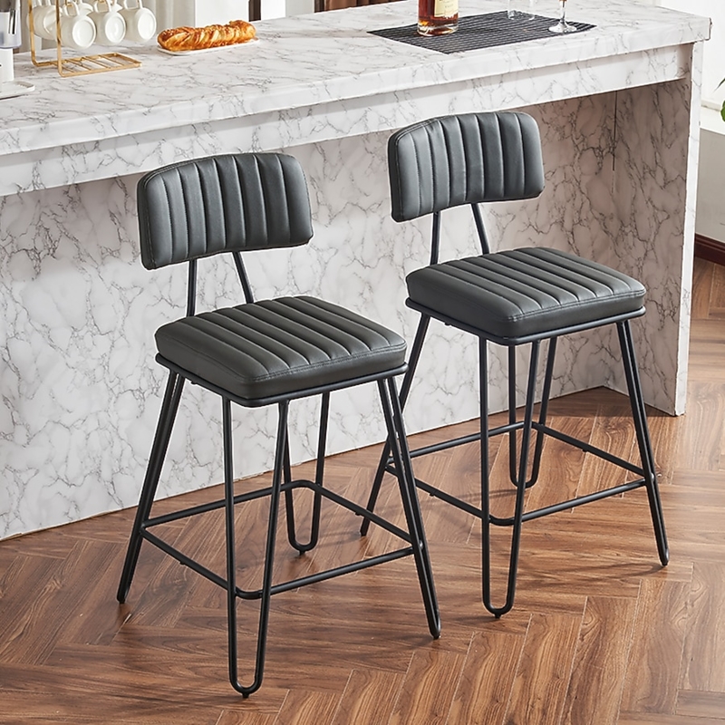 Bar Stool Channel Tufting Ribbed Upholstery Charcoal Grey Metal Frame