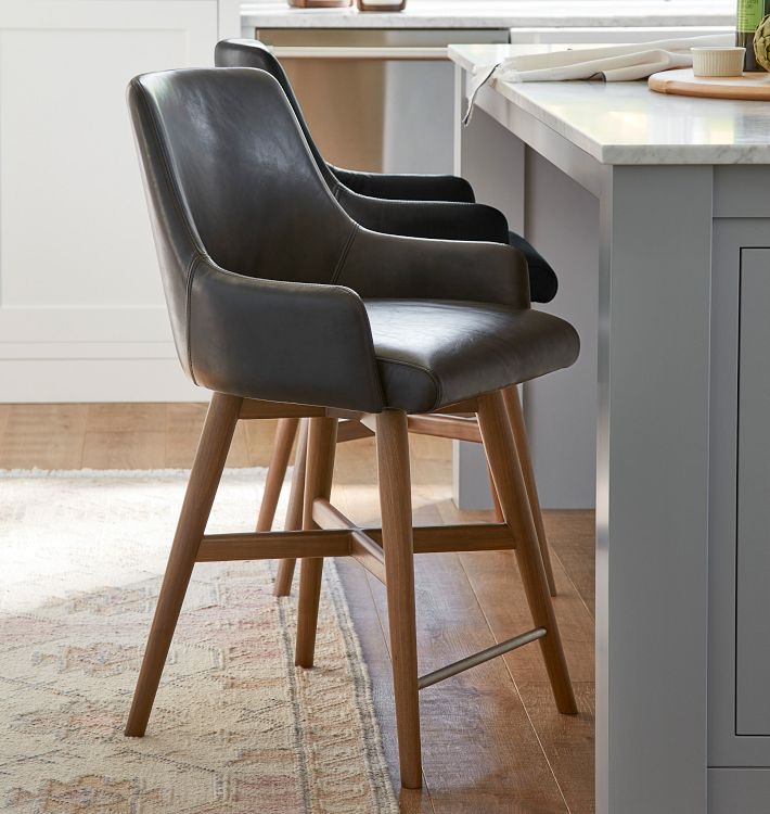 Bar Stool Charcoal Swivel Tapered Wood Legs Mid-Century Style