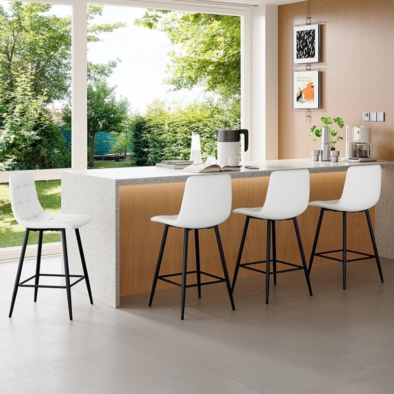 Bar Stool Checkered Quilted Black Metal Legs Minimalist Seating