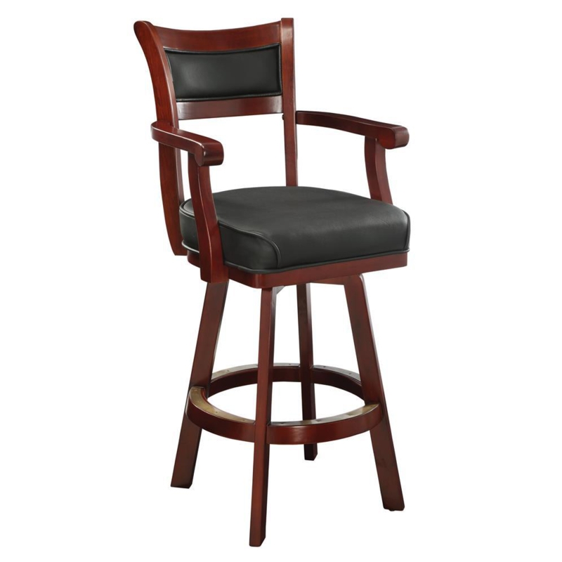 Bar Stool Cherry Wood With Arms Black Leather-Like Swivel Seat