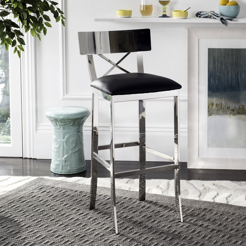Bar Stool Chrome Cross Back Black Seat Contemporary Style