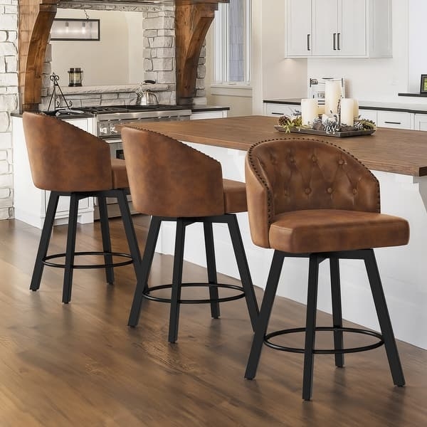 Bar Stool Circular Footrest Brown Swivel Tufted Black Legs Farmhouse