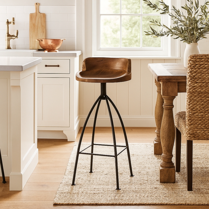 Bar Stool Coastal Style Low Back Carved Wood Seat Arched Metal Legs