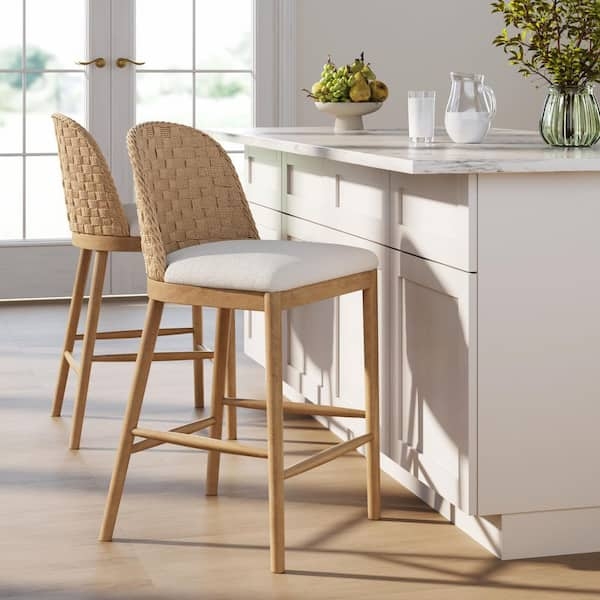 Bar Stool Coastal Woven Seagrass Back Light Wood Boucle Seat