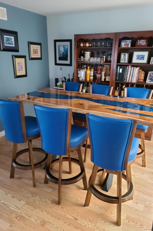 Bar Stool Cobalt Blue Leather-Like High Back Swivel Wood