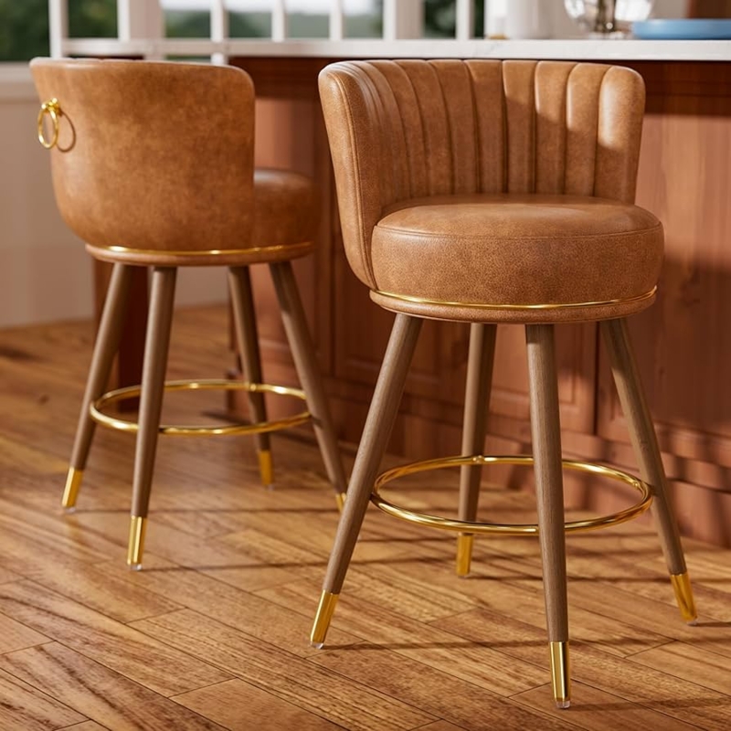 Bar Stool Cognac Brown Channel Tufted Back Gold Accents Swivel
