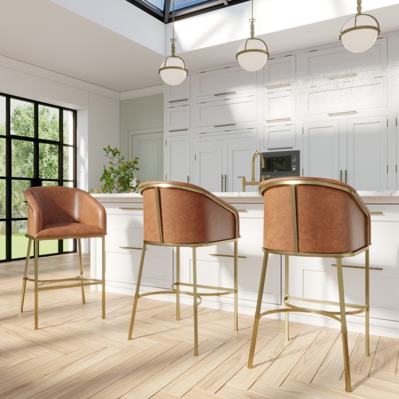 Bar Stool Cognac Faux Leather Metallic Open Back Frame