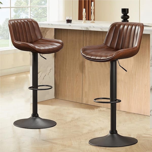 Bar Stool: Cognac Faux Leather Swivel, Ribbed Back, Matte Black Base