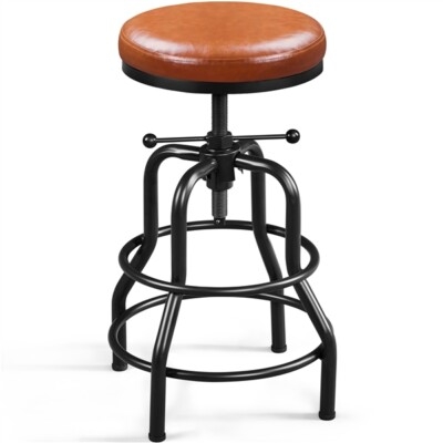 Bar Stool Cognac Seat Leather Like Screw Lift Mechanism Matte Black