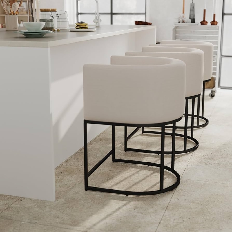 Bar Stool Contemporary Black Metal U-Shaped Base Cream Linen