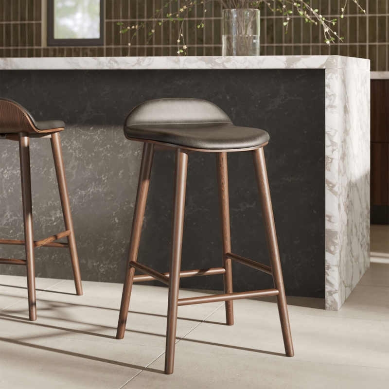 Bar Stool, Contemporary Low Back Design, Dark Gray Leather-Like Seat