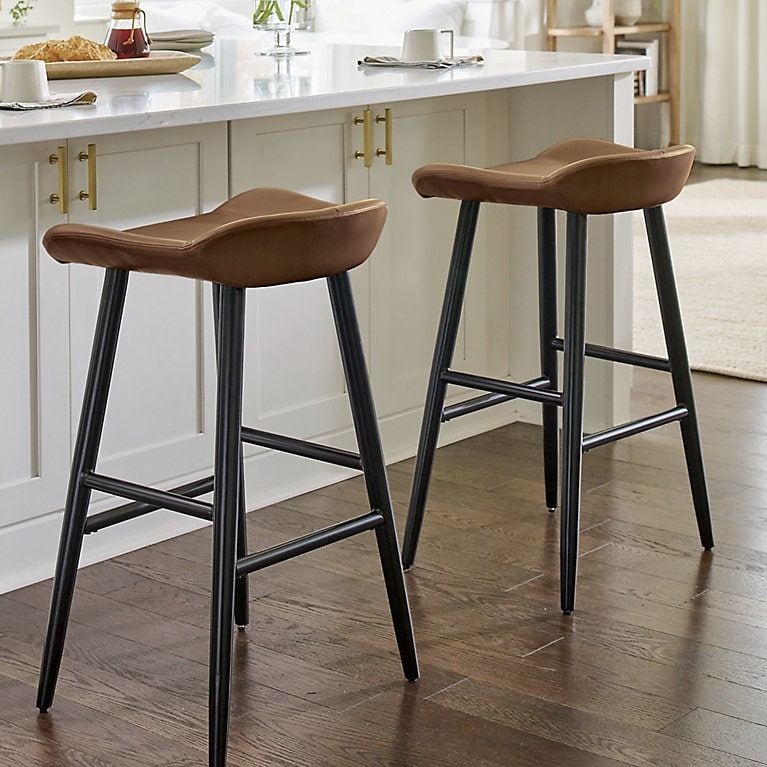 Bar Stool Contoured Seat Matte Black Legs Backless Brown Leather