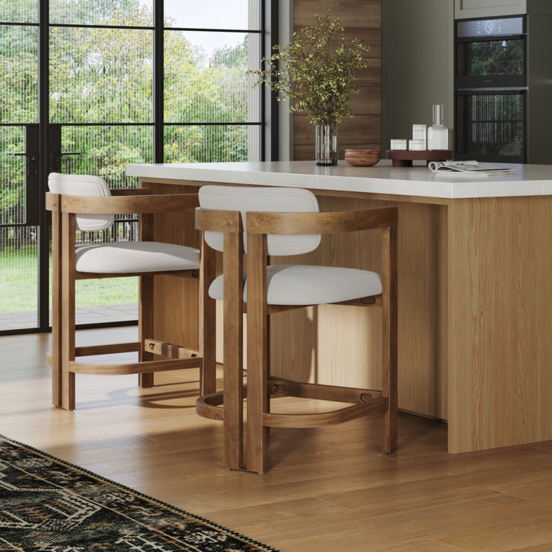 Bar Stool Cream Boucle Barrel Shape Wood Frame Organic Modern Style