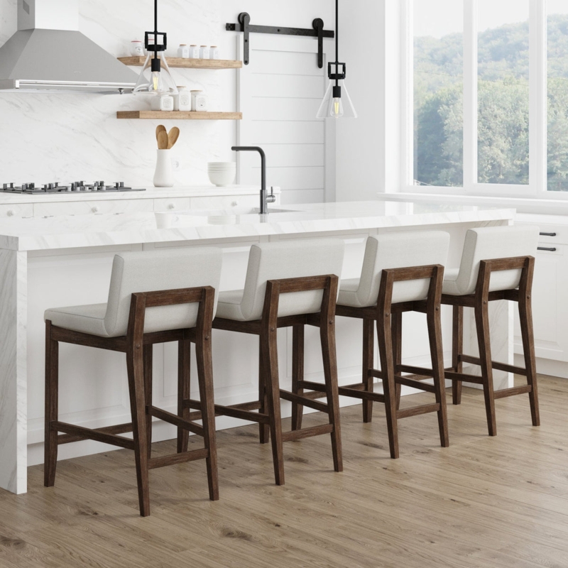 Bar Stool Cream Boucle Texture Dark Brown Wood Square Back Farmhouse