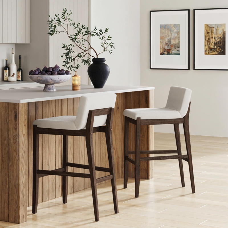 Bar Stool Cream Boucle Texture Upholstery with Dark Wood Frame