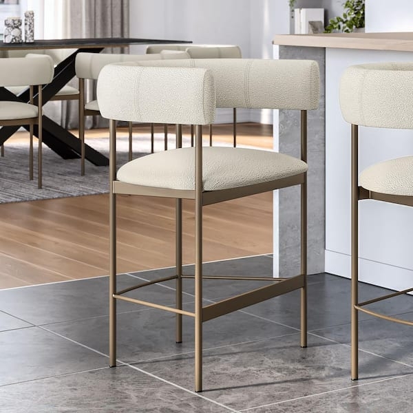 Bar Stool Cream Boucle Upholstery Bronze Frame Curved Back