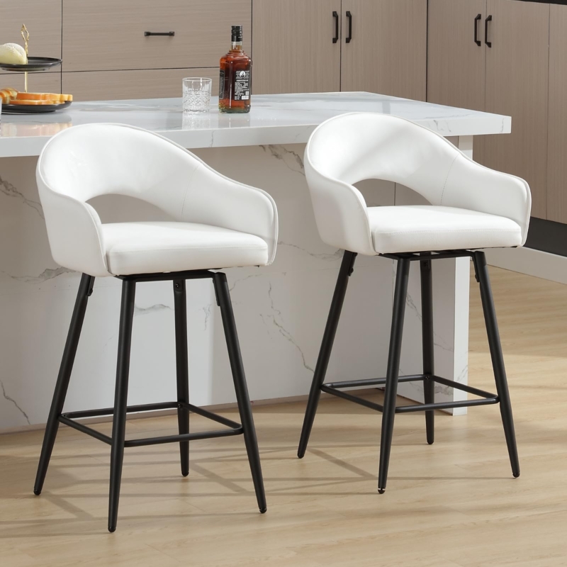 Bar Stool Cream Faux Leather Open Back Swivel Black Metal Base Modern