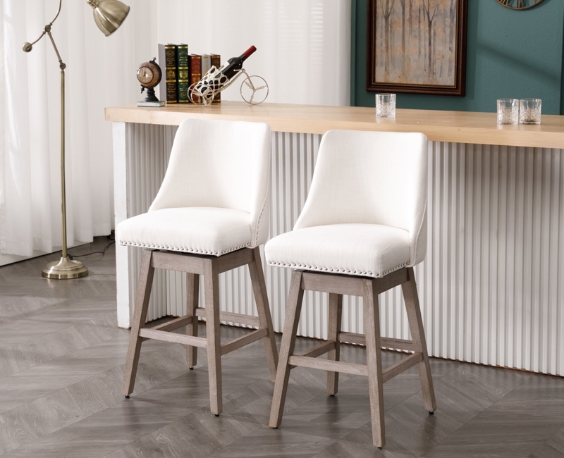 Bar Stool Cream Linen Swivel Seat Weathered Wood Nailhead Trim