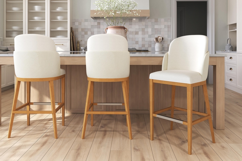 Bar Stool Cream Upholstered Light Wood Mid-High Back Scandinavian