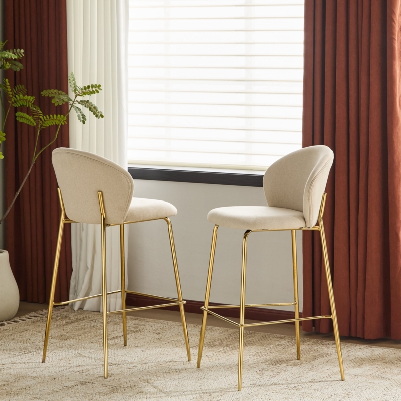 Bar Stool Cream Upholstery Curved Open Back Gold Frame