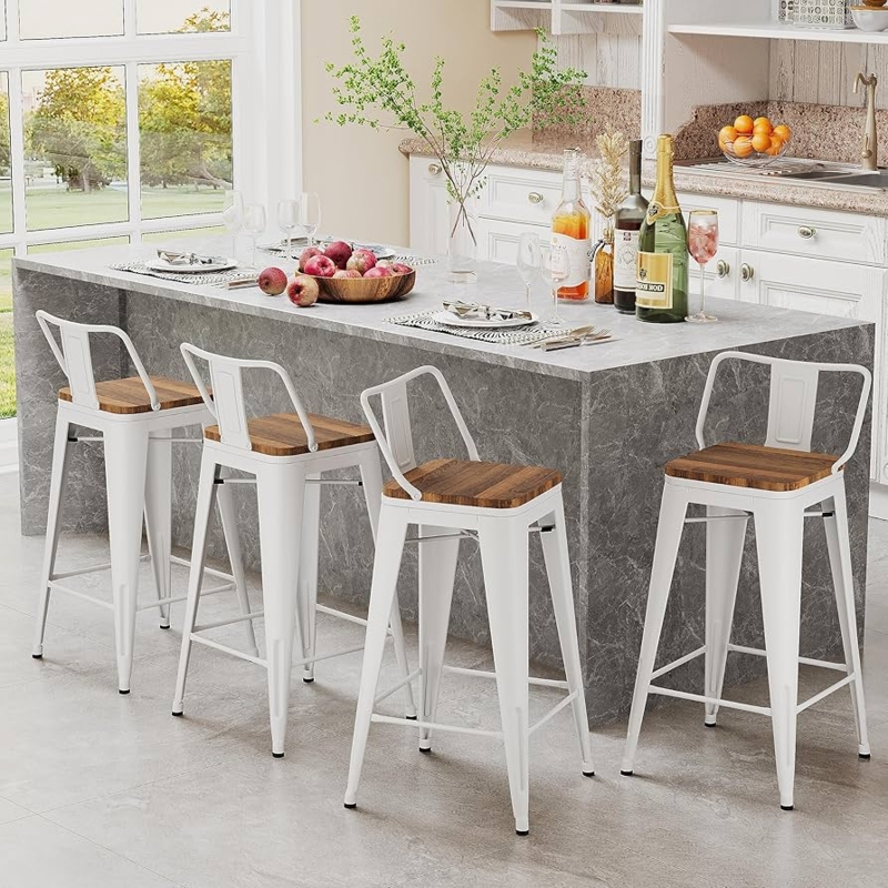 Bar Stool Cream White Metal Frame Wood Seat Low Back Design