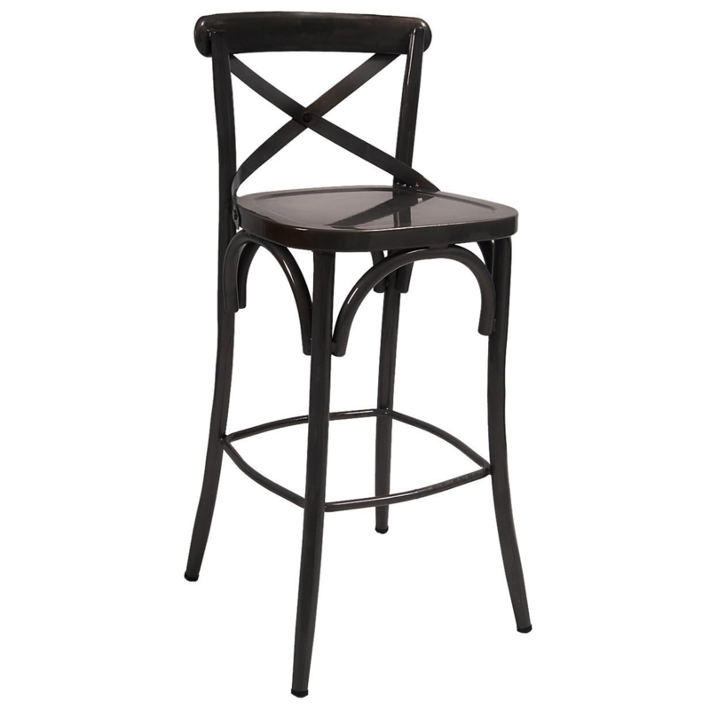 Bar Stool, Cross Back, Dark Bronze Finish, Arched Under-Seat Supports