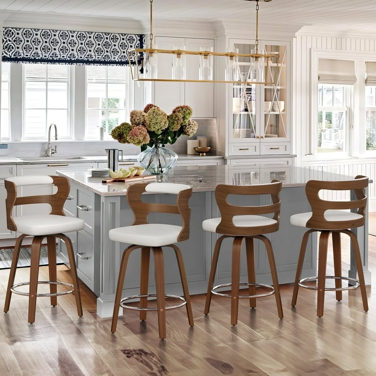 Bar Stool Curved Bentwood Back Swivel Base White Upholstery