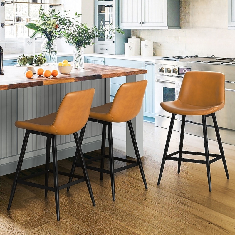 Bar Stool Curved Bucket Seat Whiskey Brown Black Metal Legs Mid-Century