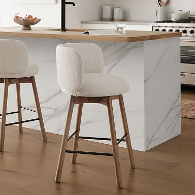 Bar Stool Curved Low Back Cream Textured Fabric Wood Legs