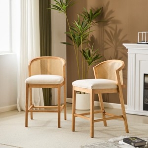 Bar Stool Curved Rattan Back Cream Cushion Natural Wood Frame