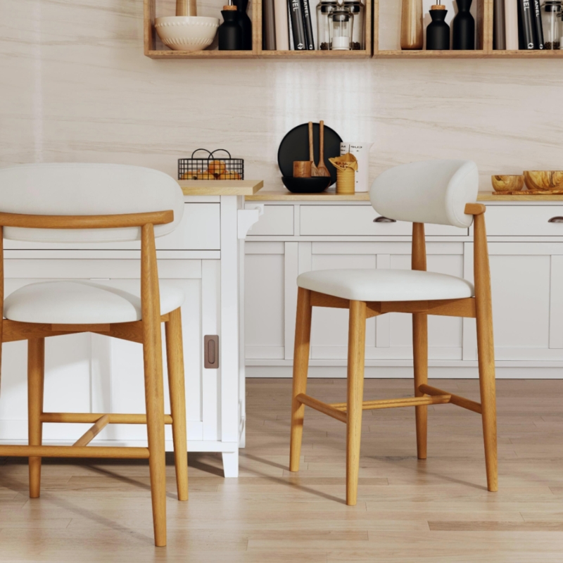 Bar Stool Curved Upholstered Back White Seat Warm Wood Tapered Legs