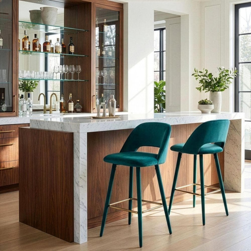 Bar Stool Cutout Back Upholstered Legs Gold Footrest Chic Style