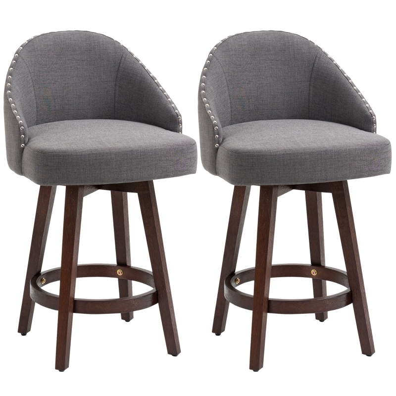 Bar Stool Dark Grey Linen Swivel Curved Back Integrated Arms