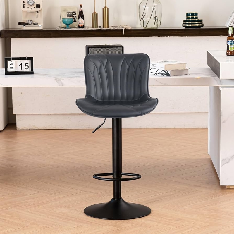 Bar Stool Dark Grey Ribbed Back Matte Black Pedestal Adjustable
