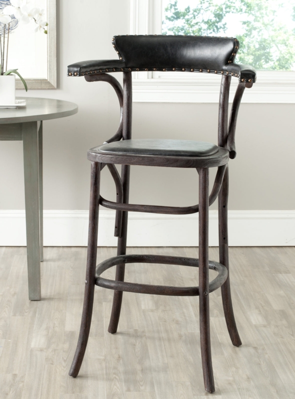 Bar Stool Dark Umber Bentwood Black Leather Brass Nailhead Arms