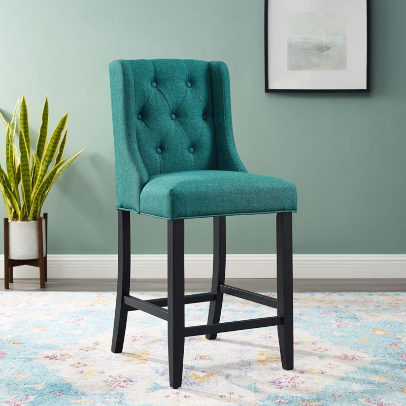 Bar Stool Diamond Button Tufting Wingback High Back Teal Fabric